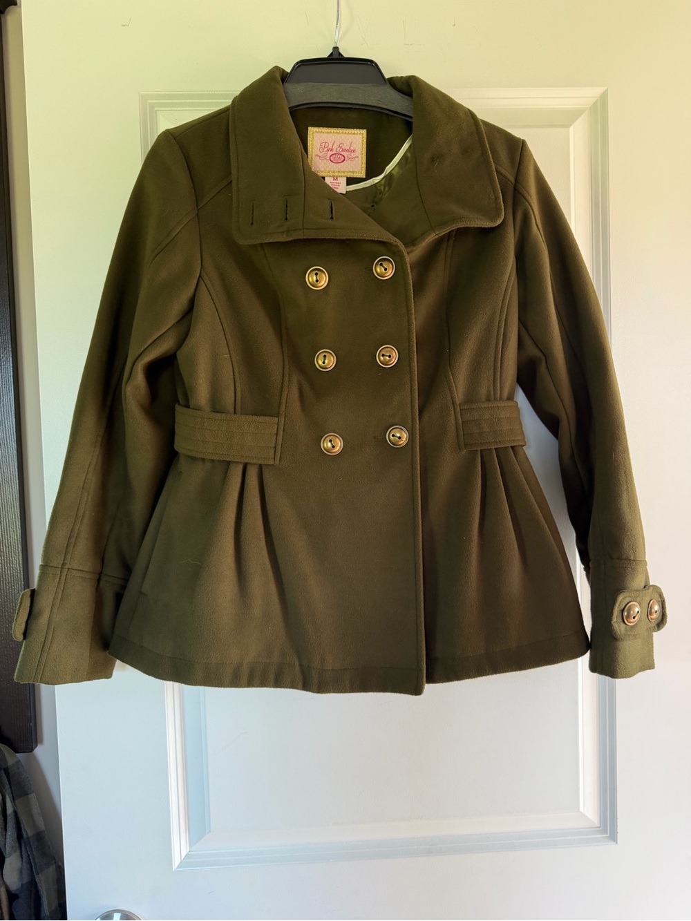 Pink Envelope Olive Green Double-Breasted Pea Coat with Gold Buttons